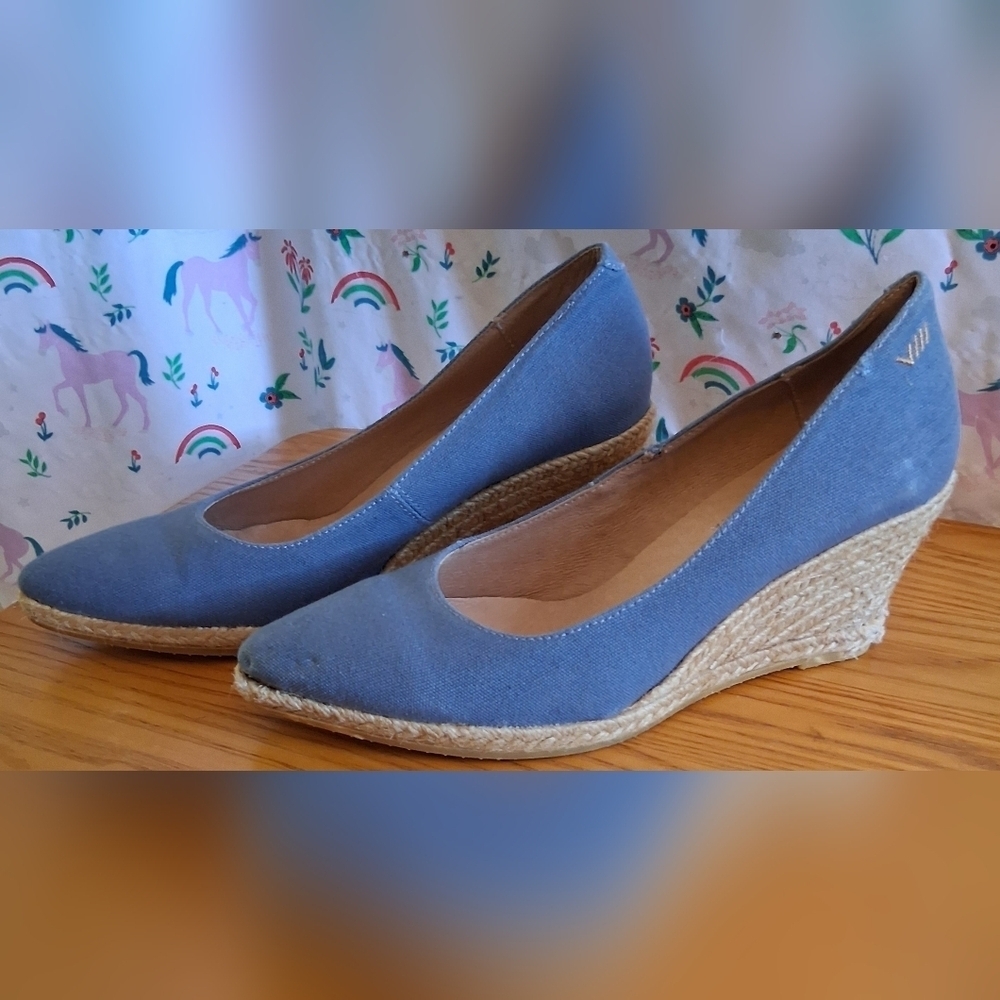 Viscata Blue Canvas Casual Neutral Everyday Espedrille Wedge Shoe SZ 8 38EU